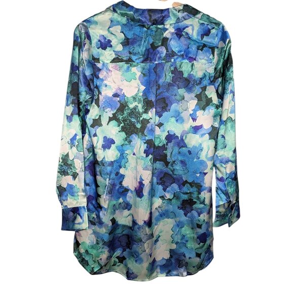 NWT 100% Silk Soft Surroundings Button Up Long Sleeve Blouse Blue Green Art XS - Picture 2 of 5
